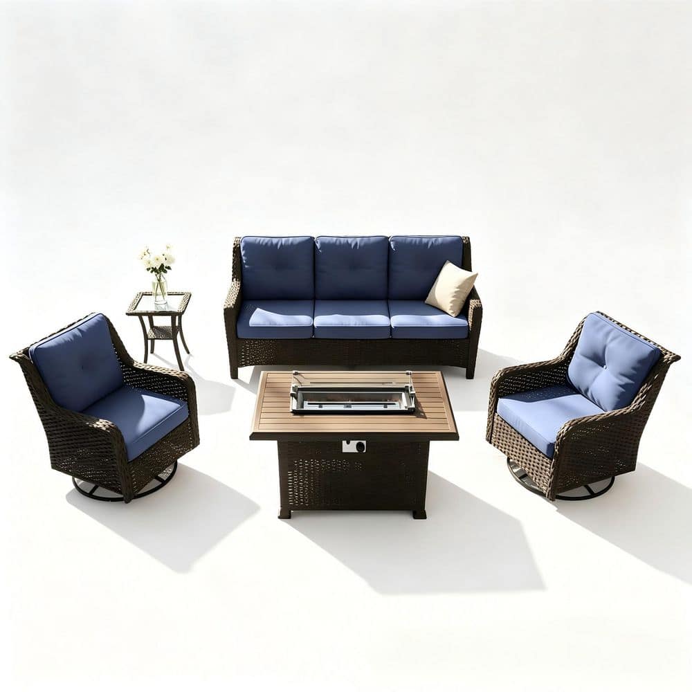 7-Piece  Wicker Patio Conversation Set with Thick Wicker,2 Swivel Chairs,Fire Pit Table and Cushion NavyBlue for Yard price history on PriceWatchPro