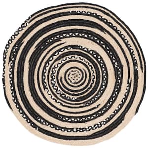 Cape Cod Black/Ivory Doormat 3 ft. x 3 ft. Striped Distressed Geometric Round Area Rug