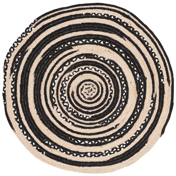 SAFAVIEH Cape Cod Black/Ivory Doormat 3 ft. x 3 ft. Striped Distressed Geometric Round Area Rug