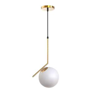 Gold 60-Watt 1-Light Straight Globe Pendant Light with White Frosted Glass Shade