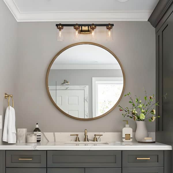 28 in. 4-Light Transitional Brass Bathroom Vanity Light, Modern Seeded Glass DIY Bath Light, Rustic Black Wall Light
