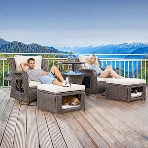 5 Piece Wicker Patio Conversation Set with Machine Washable Beige Cushion, Pet House, Cool Bar and Retractable Side Tray