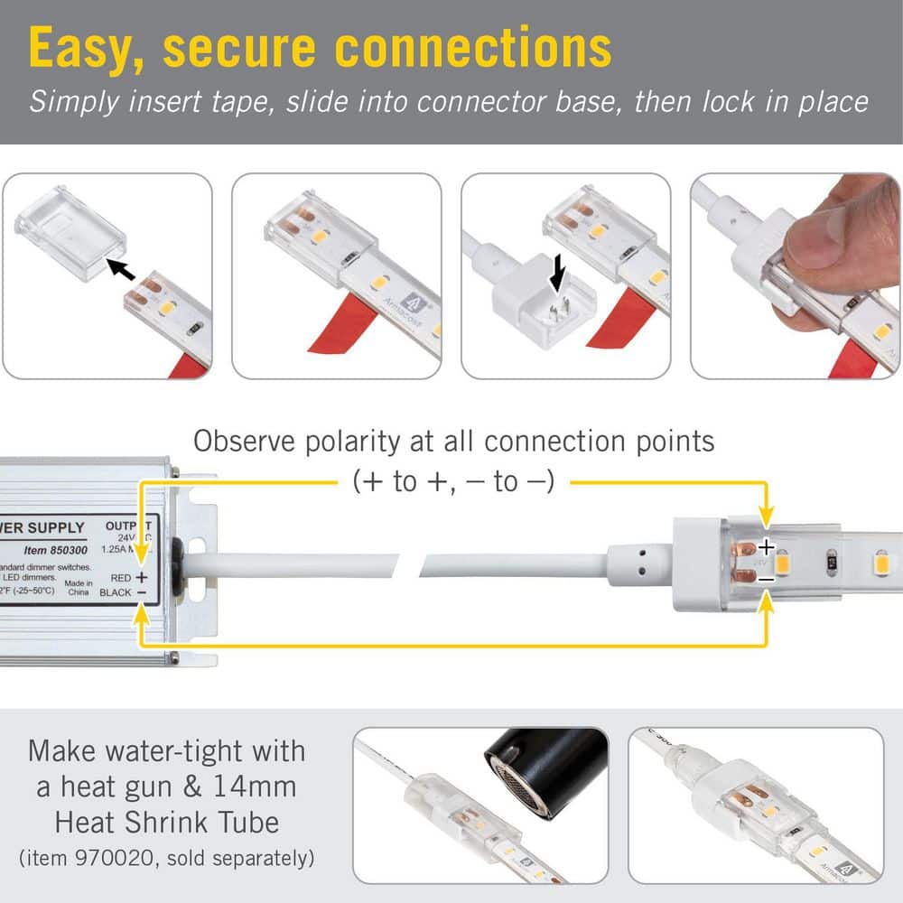 2 Pin White LED Strip Light IP67 Outdoor 12 in Connector, 2 Pack