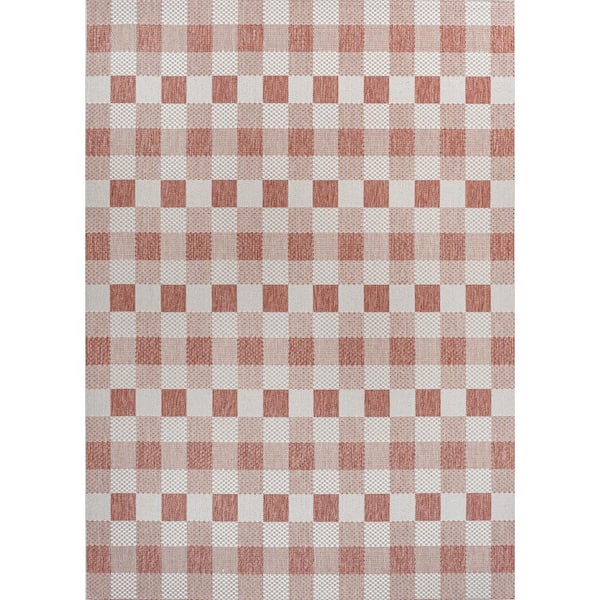Darcy Traditional Geometric Bold Gingham Salmon/Cream 8 ft. x 10 ft. Indoor/Outdoor Area Rug