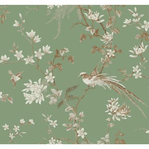 Ronald Redding Green Bird and Blossom Chinoserie Paper Unpasted Matte Wallpaper (27 in. x 27 ft.)