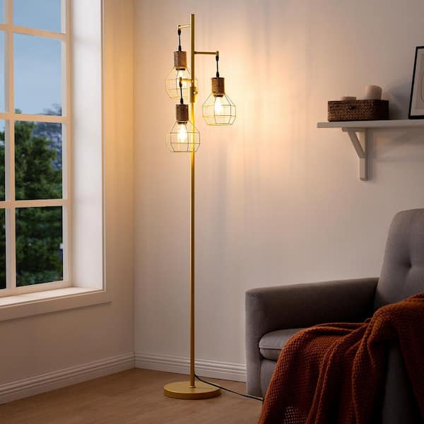 EDISHINE 65 in. Gold Industrial 3-Light Standard Smart Dimmable Floor Lamp for Living Room with 3 LED Edison Bulbs