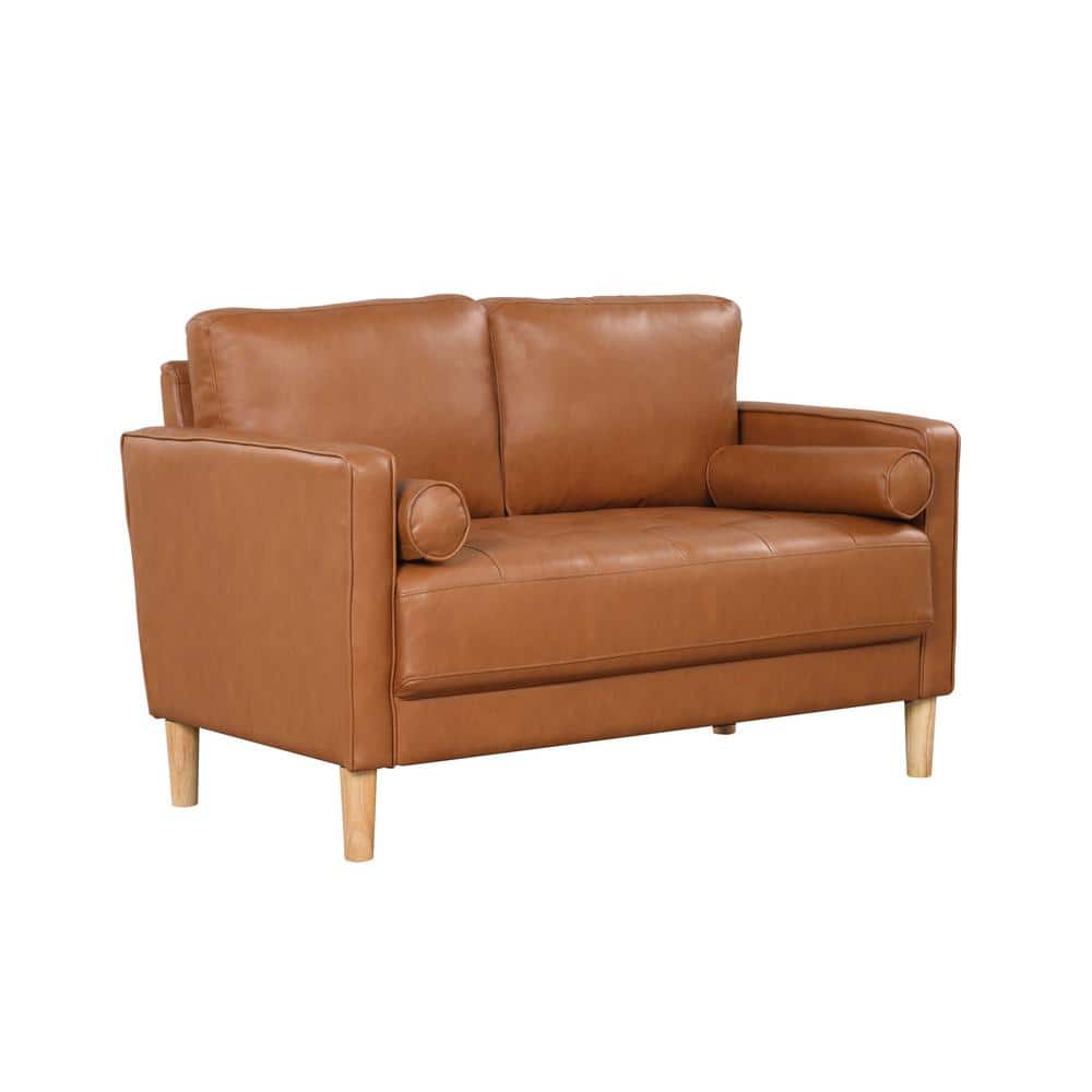Caramel Faux Leather Tufted Loveseat with Wood Legs
