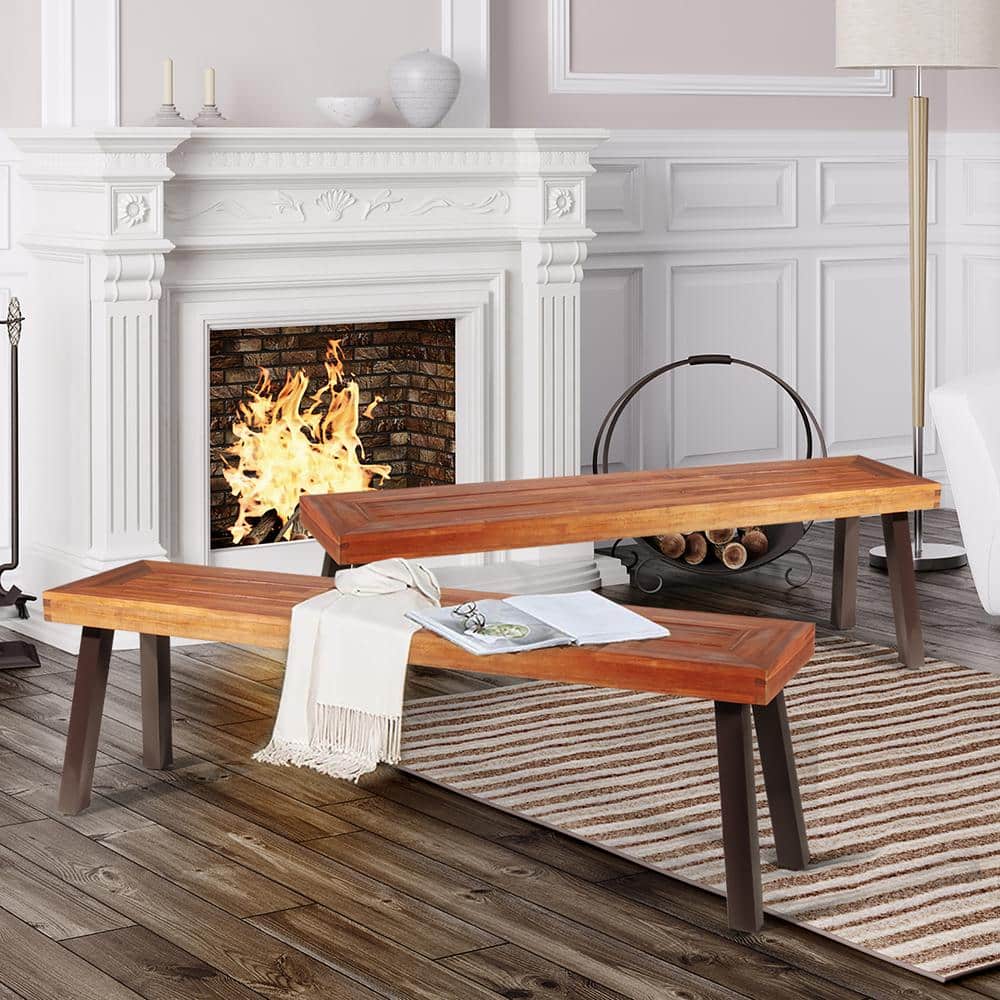 Rustic Acacia Wood and Black Steel 59" Outdoor Bench