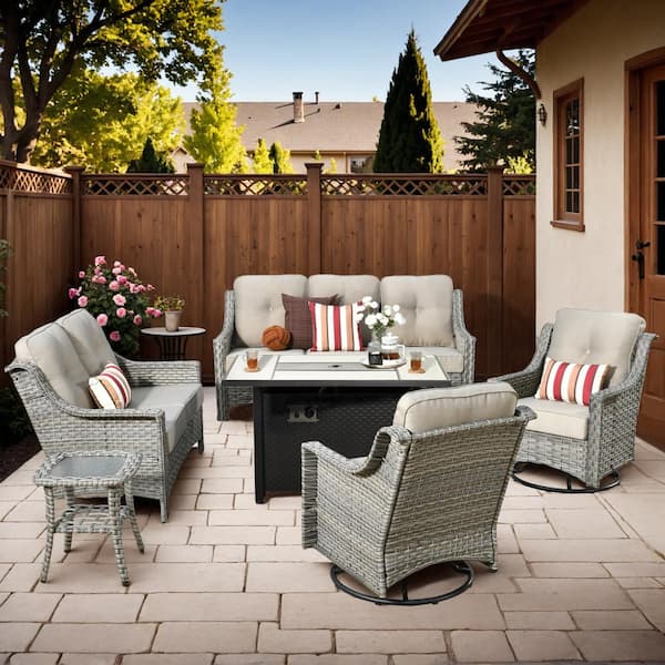 Eureka Gray 6-Piece Wicker Outdoor Patio Conversation Sofa Loveseat Set with a Metal Fire Pit and Beige Cushions