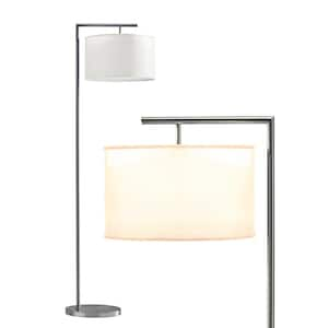 Montage Modern 60 in. Brushed Nickel Modern 1-Light LED Energy Efficient Floor Lamp with White Fabric Drum Shade