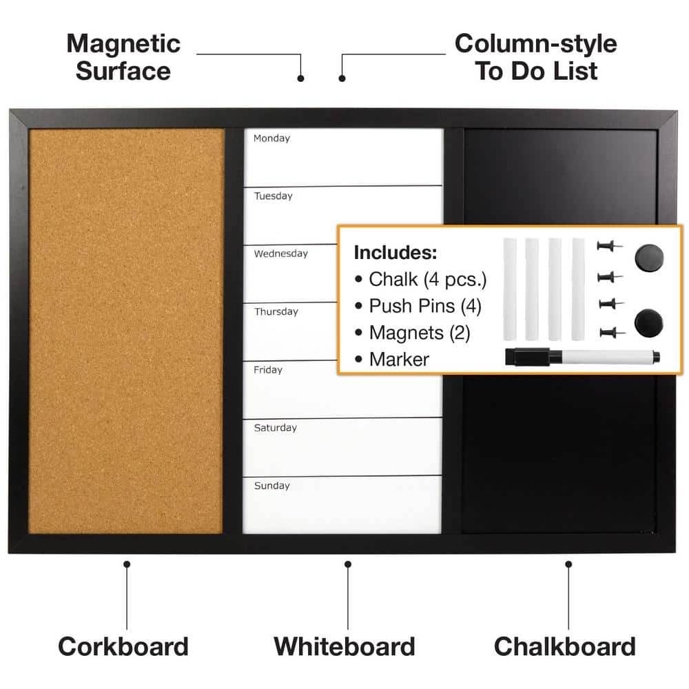 Black Wood Frame Magnetic Combo Board with Cork, Whiteboard, and Chalkboard