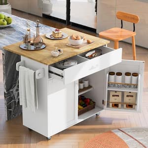 White Rolling Wood Top 52.8 in. Kitchen Cart Island with 5-Wheels Including 4-Lockable Wheels