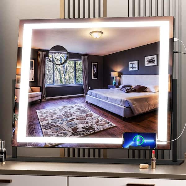 Hasipu 18.9 in. W x 24.2 in. H Square Black Frame LED Makeup Mirror, 10X Magnification, USB Charging Port, 360° Rotation
