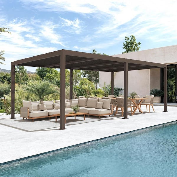 PURPLE LEAF 12 ft. x 24 ft. Bronze Aluminum Frame Patio Hardtop Louvered Pergola with Adjustable Rainproof Roof and In-Built Gutter