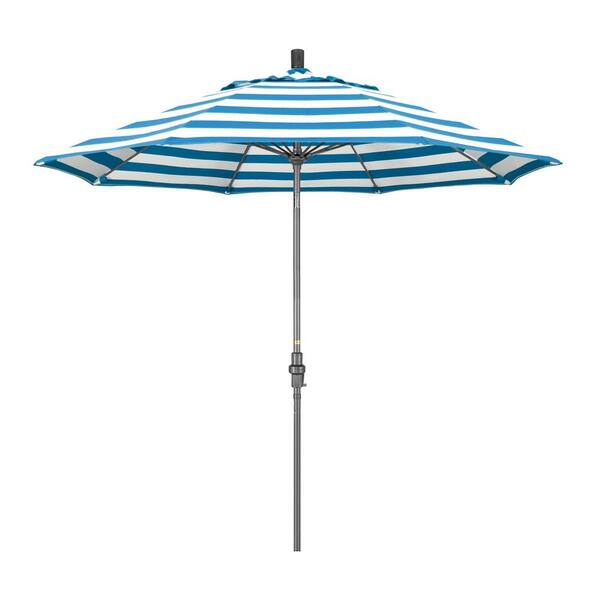 California Umbrella 9 ft. Hammertone Grey Aluminum Market Patio Umbrella with Collar Tilt Crank Lift in Cabana Regatta Sunbrella