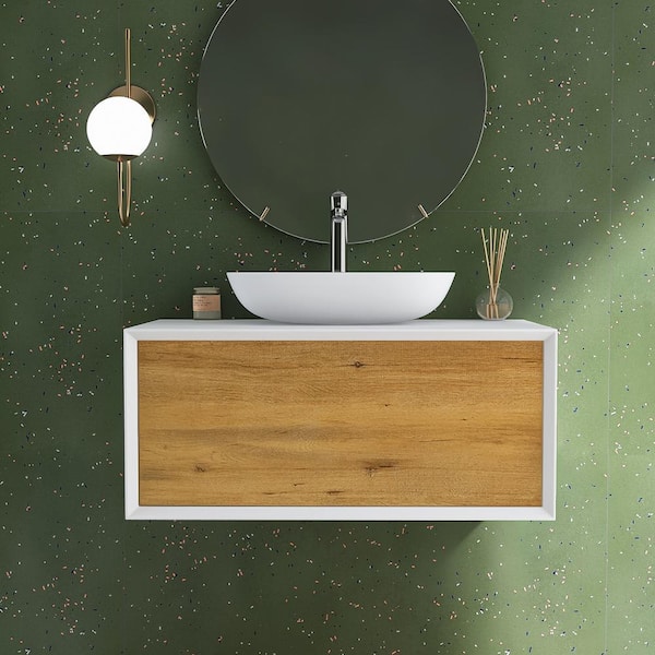 Staykiwi 35.4 in. W x 21.7 in. D x 15.7 in. H Wall Mounted Bath Vanity in F.Oak with White Solid Surface Top