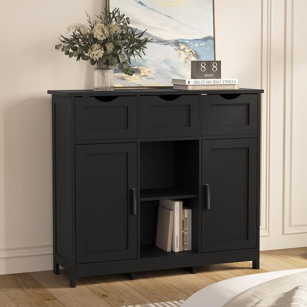 Wooden Storage Cabinet Freestanding with Adjustable Shelf and Double Door, Black