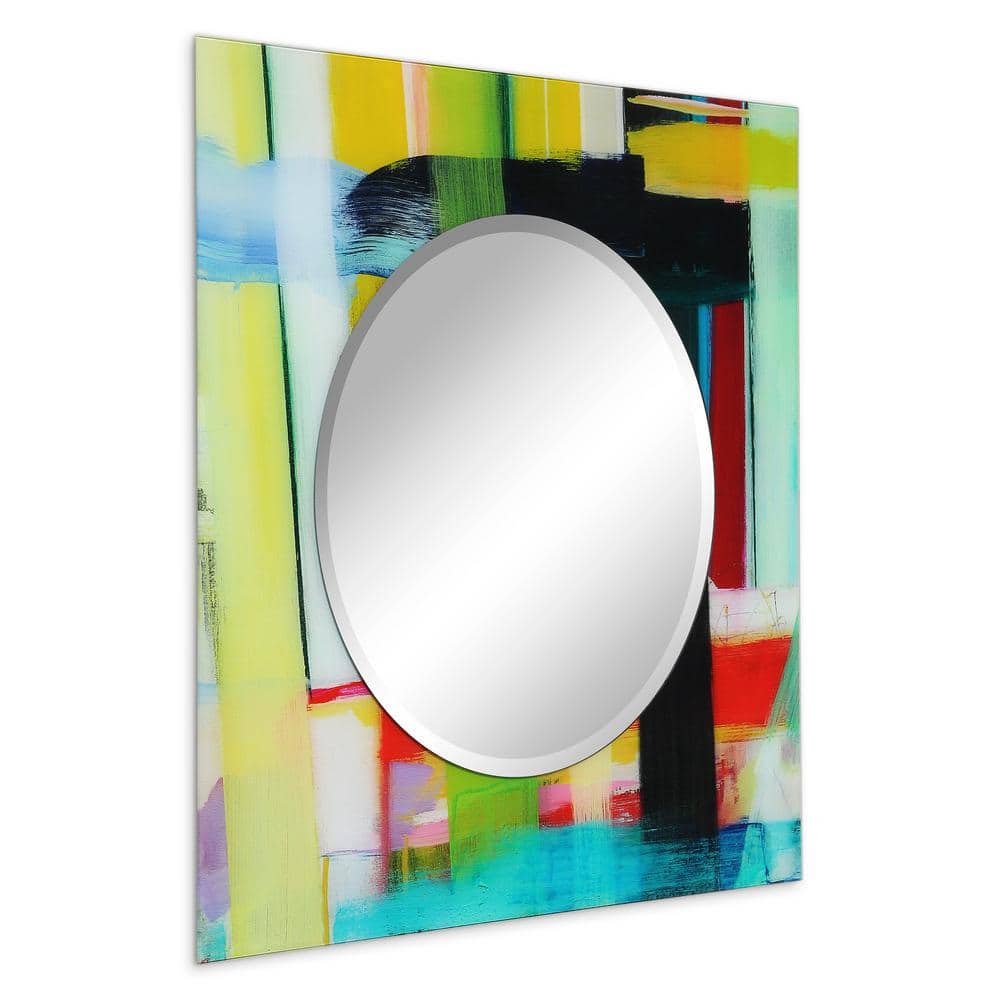 36" Round Frameless Beveled Mirror with Colorful Tempered Glass Frame