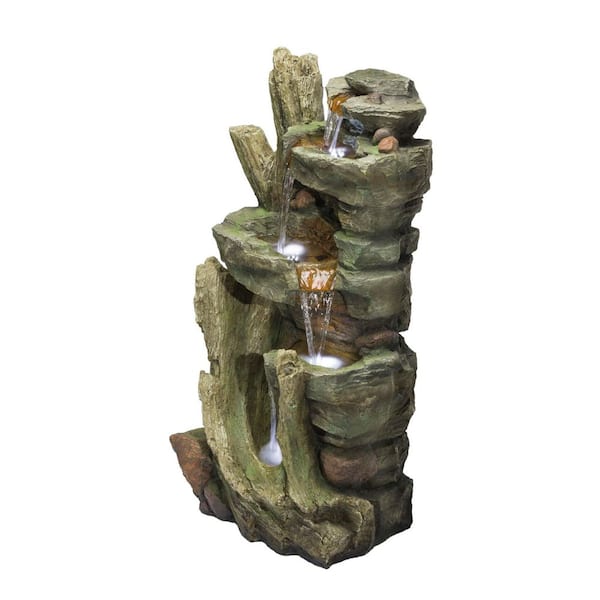 39 in. Tall Outdoor Multi-Tier Cascading Stone Tower Waterfall Fountain with LED Lights