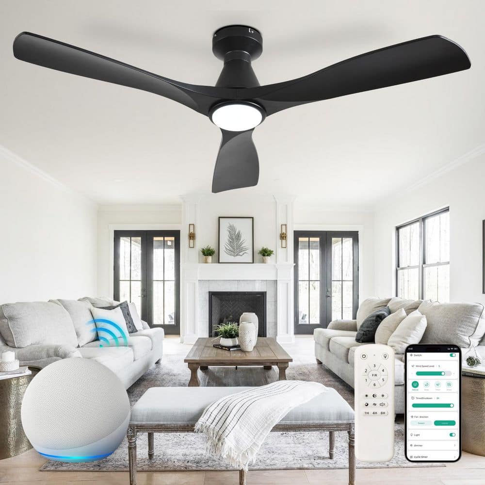 52 in. Black 3 Blade Flush Mount Low Profile Ceiling Fan with Lights Indoor Alex Dimmable 3 CCT Included Remote APP price history on PriceWatchPro