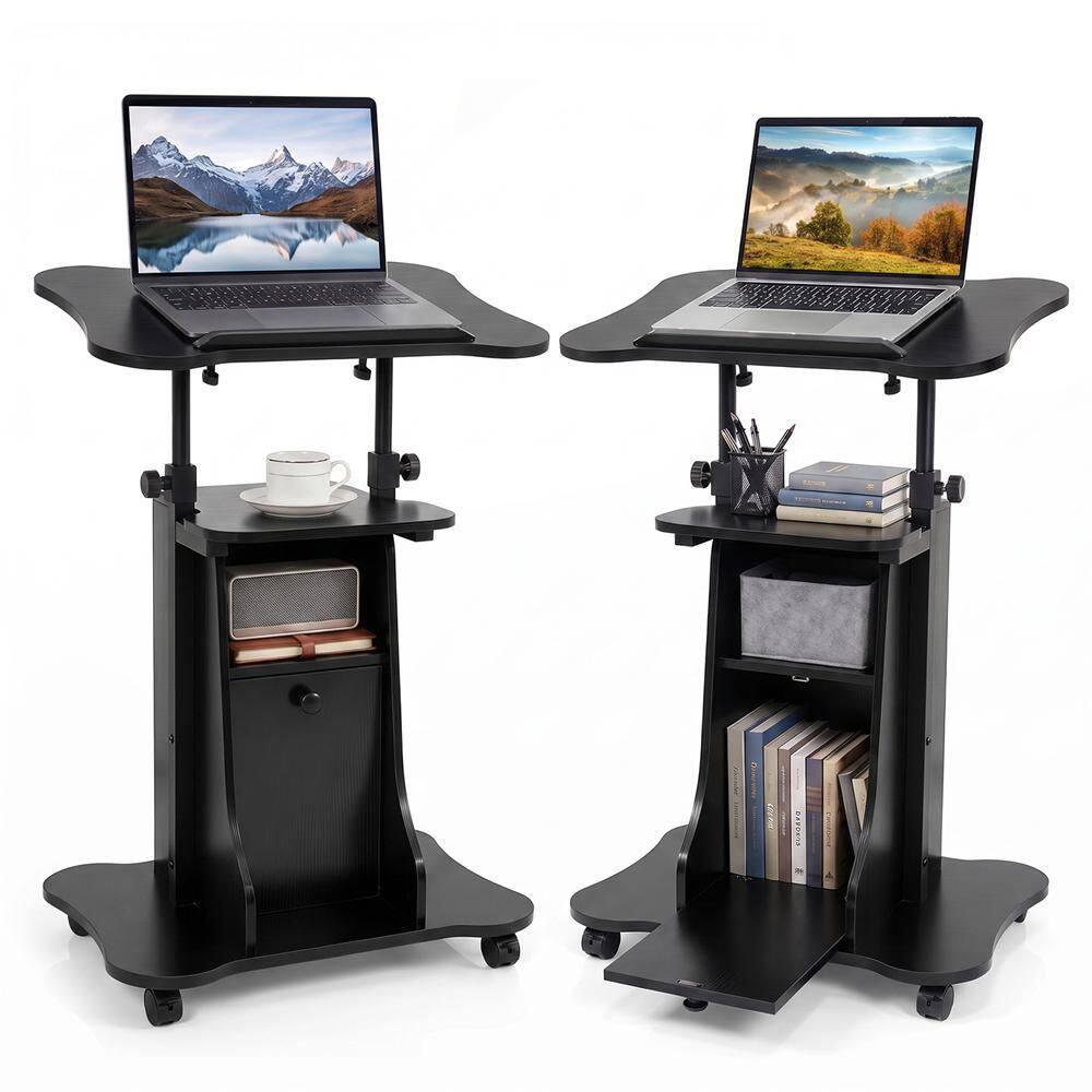 21.5 in. Black Height Adjustable Standing Desk Mobile Podium with Tilt Top and Door Cabinet (Set of 2)