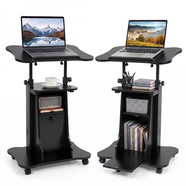 21.5 in. Black Height Adjustable Standing Desk Mobile Podium with Tilt Top and Door Cabinet (Set of 2)