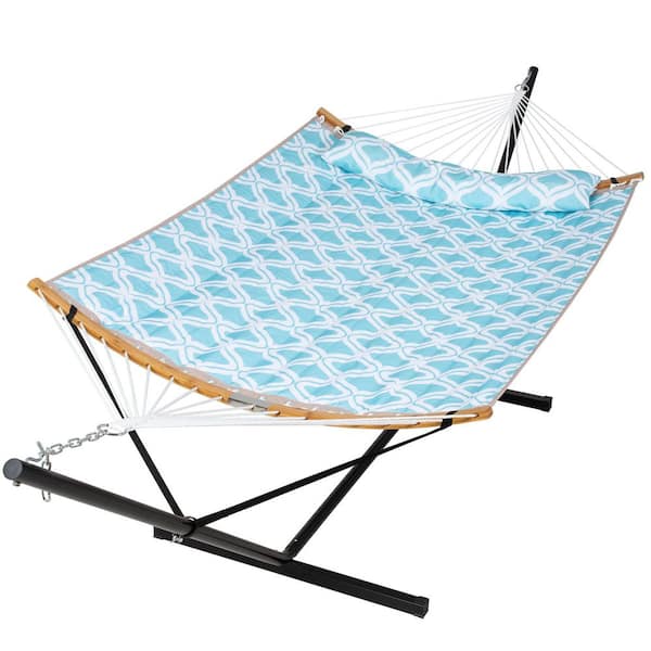 Atesun 12 ft. Free Standing, 475 lbs. Capacity, Heavy-Duty 2-Person Hammock with Stand and Detachable Pillow in Blue Pattern