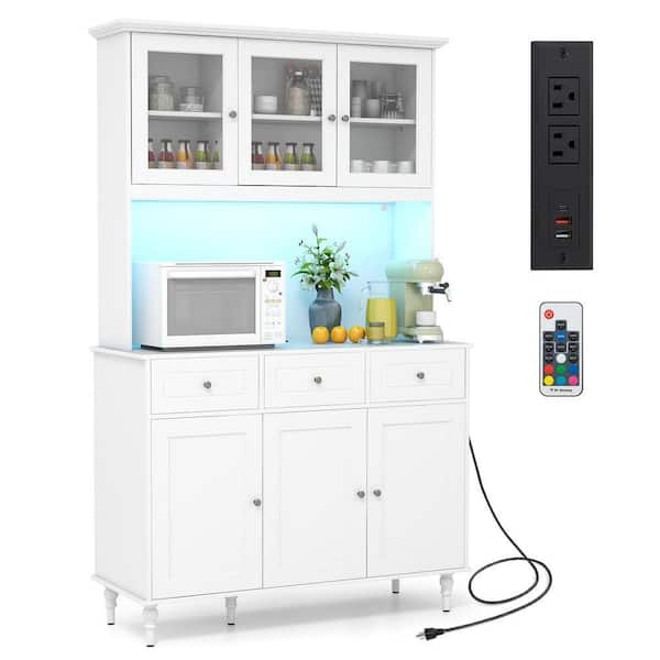 5-Shelf White Pantry Storage Cabinet with LED lights and Power Outlet