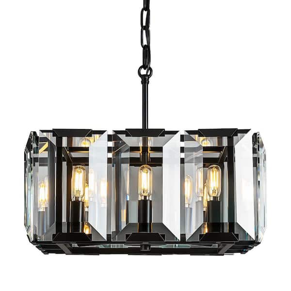 Home Lighting 17 in. 8-Light Black Modern Rectangle Crystal Chandeliers Semi Flush Mount Ceiling Light Fixture