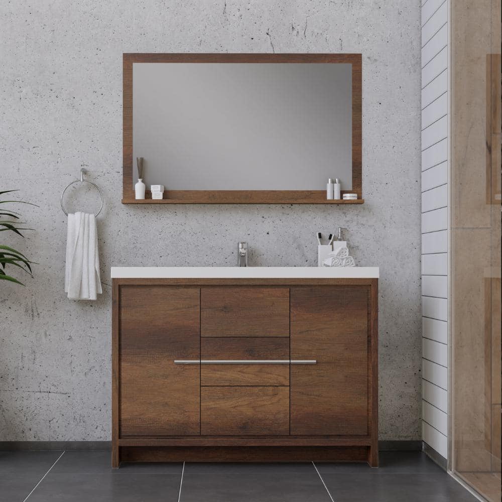 Rosewood Brown 48" Freestanding MDF Bathroom Vanity with White Sink