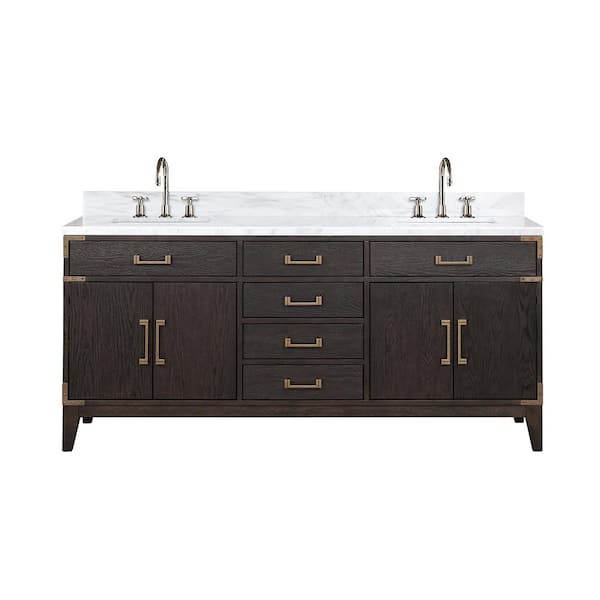 Fossa 72 in W x 22 in D Brown Oak Double Bath Vanity, Carrara Marble Top, and Faucet Set