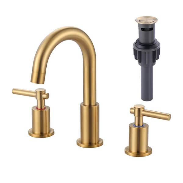 ALEASHA Slim Deck Mount Double Handle High Arc 8 in. Widespread Bathroom Faucet in Gold