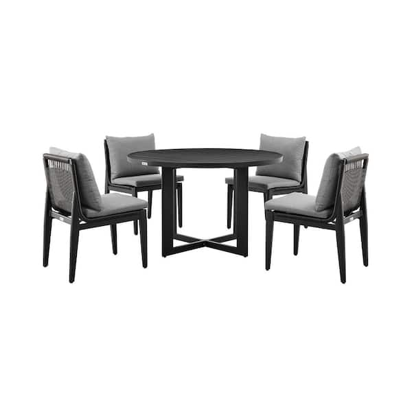 Armen Living Grand Black 5-Piece Aluminum Outdoor Dining Set with Dark Grey Cushions