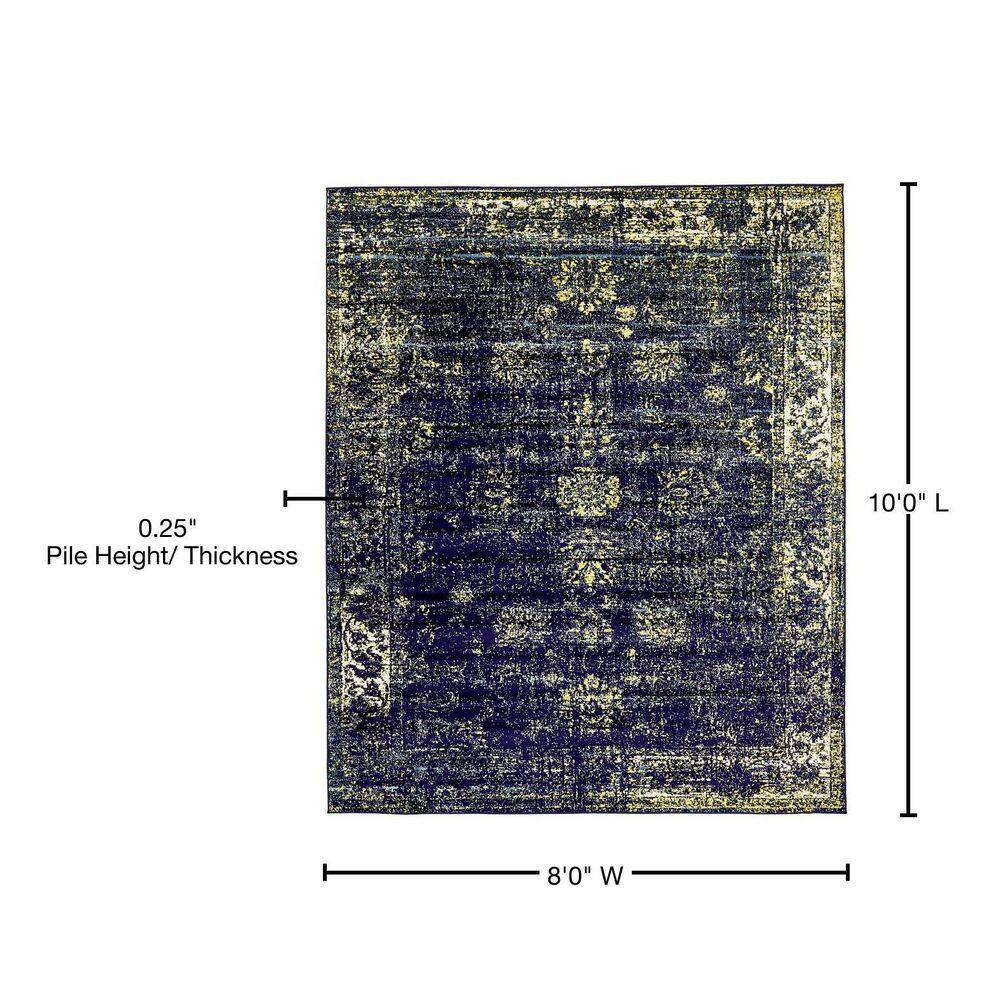 Navy Blue and Yellow Floral Motif Area Rug