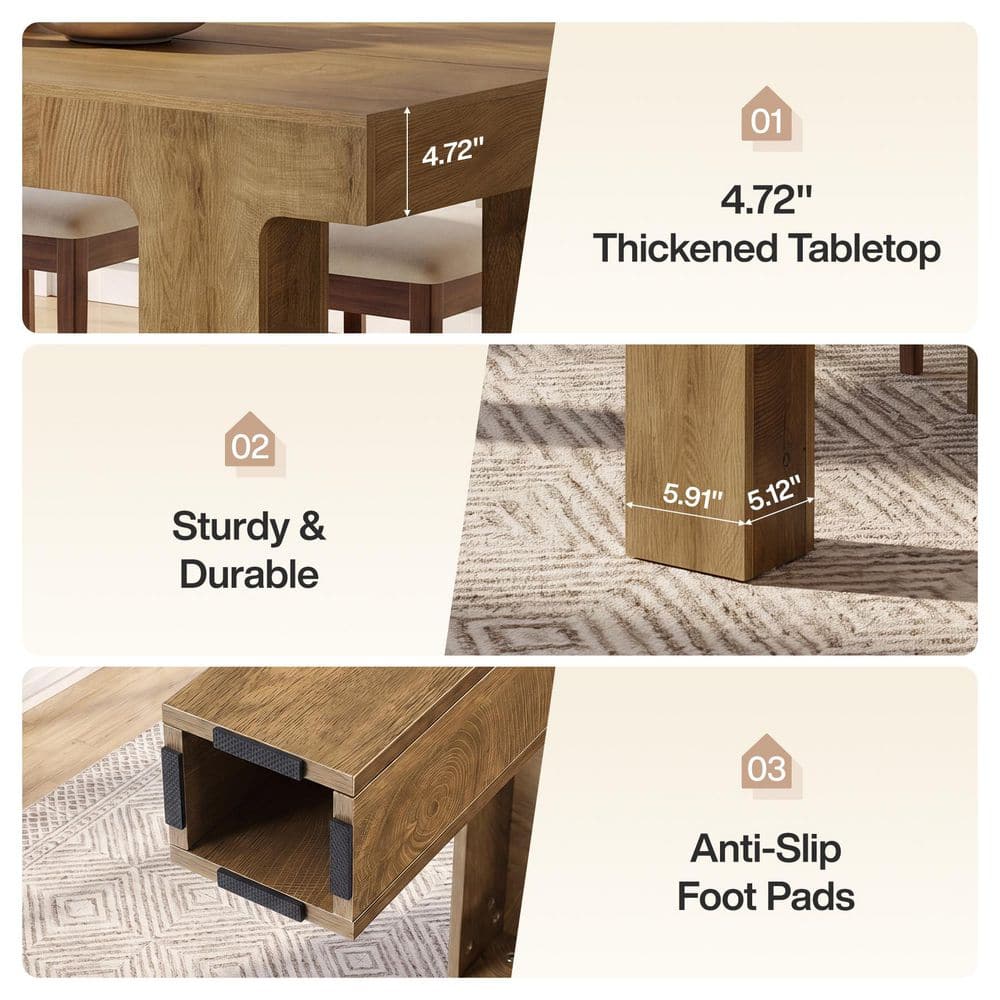 Detail shots of the dining table's thick top, block legs, and anti-slip pads.