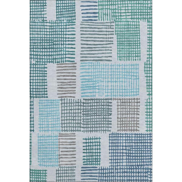Mayfield Premium Machine Washable Abstract AMF1975 Aqua 3 ft. x 5 ft. Area Rug