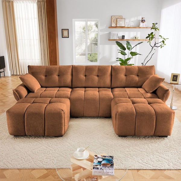 Tina 110.2 in. Flared Arm Chenille Upholstered U Shaped Sectional Sofa in. Burnt Orange with 2 Ottomans, Throw Pillows