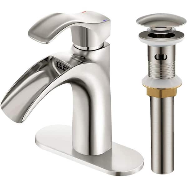 Dyiom Brushed Nickel Bathroom Vanity Sink Faucet Waterfall Spout Single Handle Word Bath Accessory