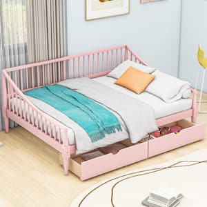 Pink Wood Full Size Daybed with 2-Drawer, Vertical Strip Hollow Shaped Bedrails, Support Legs