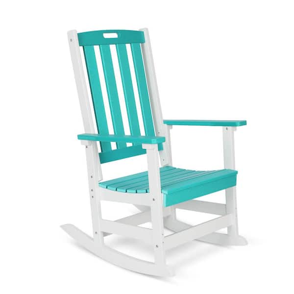 Lake Blue and White HDPE Plastic Porch Outdoor Rocking Chair for Patio Garden and Lawn