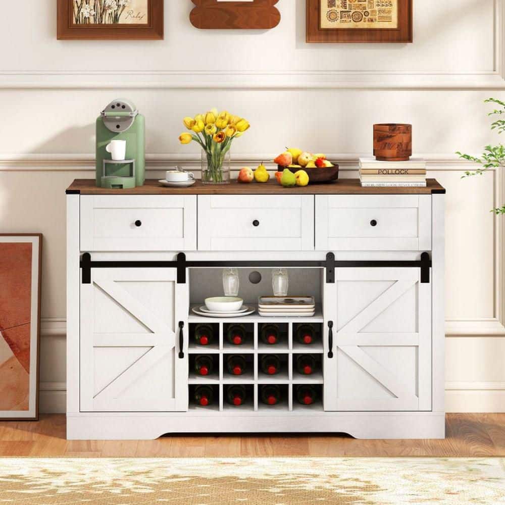 White MDF Wine Bar Buffet with LED Lights, Sliding Barn Doors