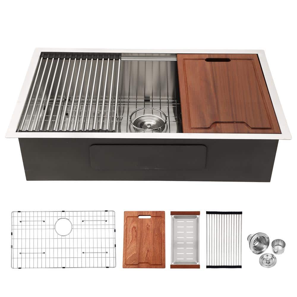 28 in. Undermount Double Bowl 16-Gauge Brushed Nickel Stainless Steel Kitchen Sink with Cutting Board and Colander