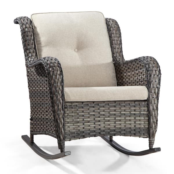 Unbranded Wicker Outdoor Rocking Chair All-Weather Patio Yard Furniture Club Rocker Chair with Beige Cushion