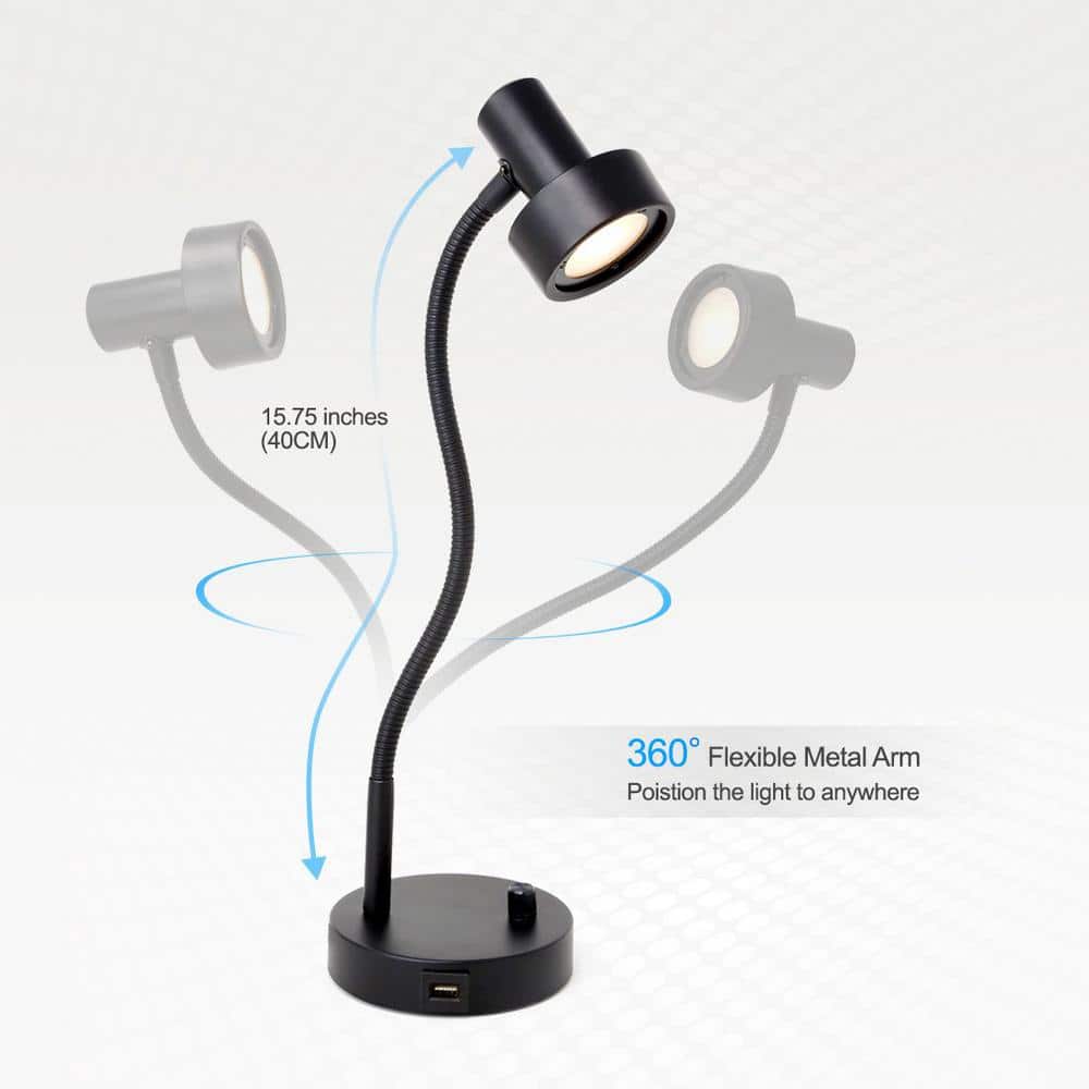 Black Adjustable Metal Gooseneck LED Desk Lamp with USB Port