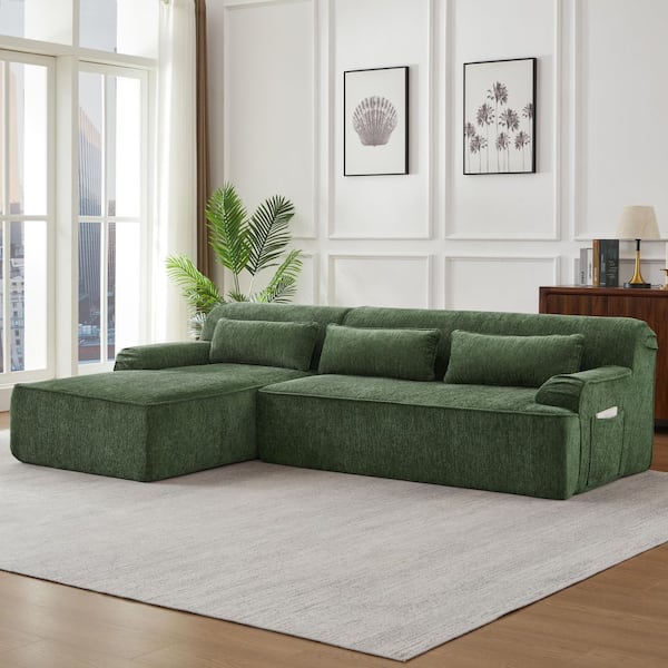 Denley 102.4 in. Chenille Upholstered L-Shaped Compressed Sectional Sofa in. Green with Side Pockets