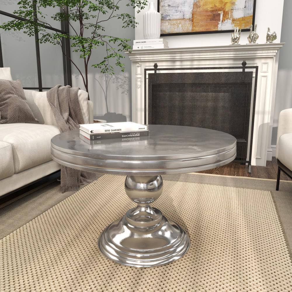 Elegant Goblet-Inspired Round Metal Coffee Table in Silver Finish