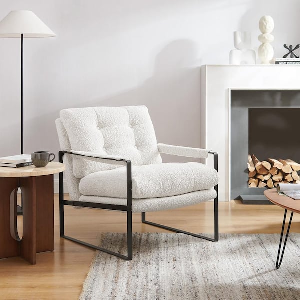 Art Leon Mid-Century Modern Off White Fabric Arm Chair with Metal Legs