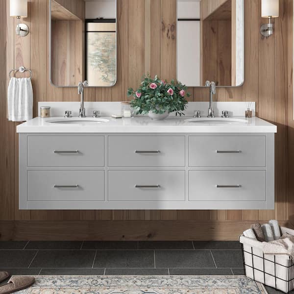 ARIEL Hutton 61 in. W x 22 in. D x 19.6 in. H Bath Vanity in Grey with Pure White Quartz Top