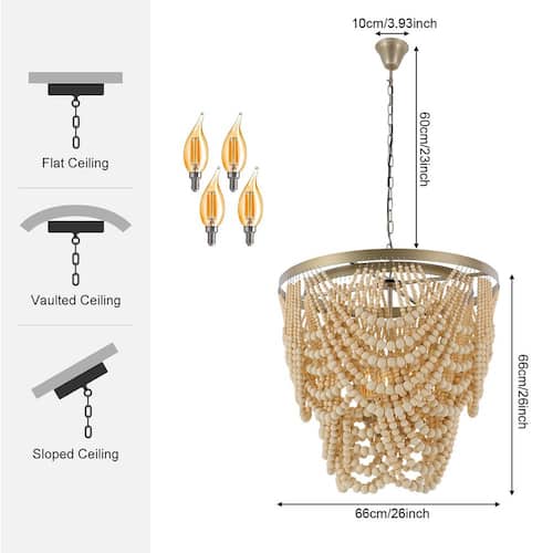 40-Watt 4-Light Beige Bohemia Style Shaded Pendant Light with Handmade Wood Beaded Shade, No Bulbs Included Pendant Lights