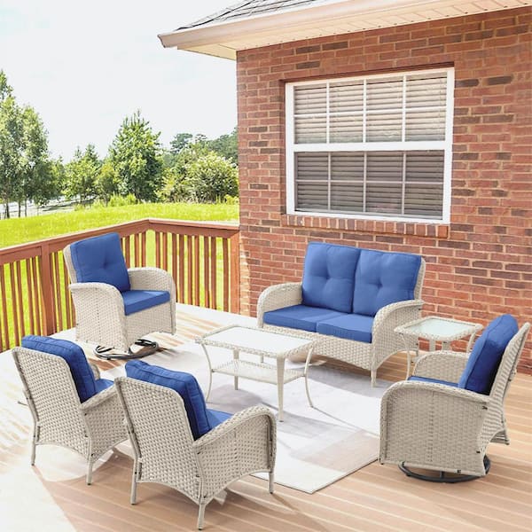 Gymojoy Carlos 7-Piece Wicker Patio Conversation Set with Blue Cushions